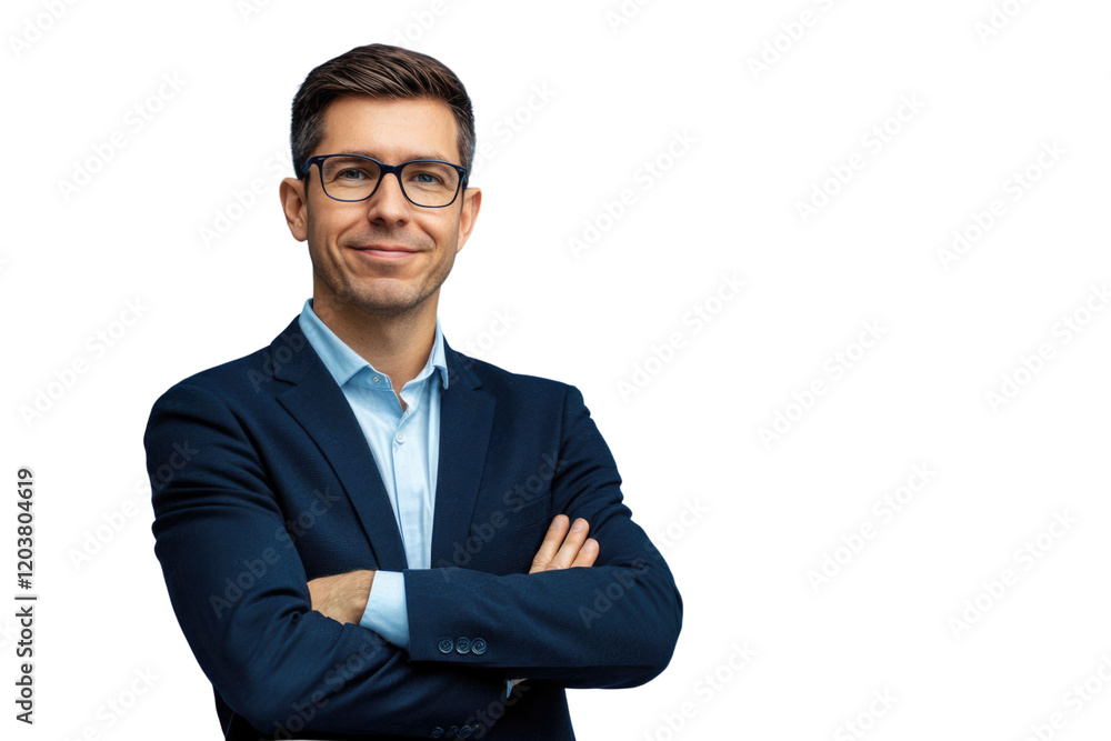 Business man in glasses and formal clothes looking at viewer with confidence and friendly smile, standing with arms crossed, isolated on blue background Business man in glasses and formal clothes looking at viewer with confidence and friendly smile, standing with arms crossed, isolated on blue background