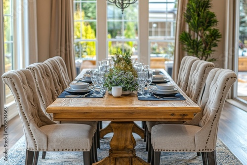 Elegant dining setup with wooden table and plush chairs in a bright modern ki...