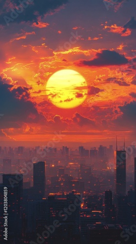 Vibrant sunset casts warm hues over a bustling city skyline during evening hours