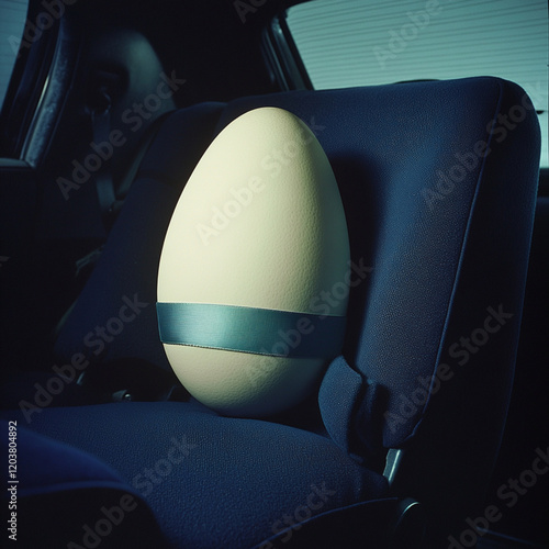 A huge egg is related to a dark blue seat from the interior of a car.