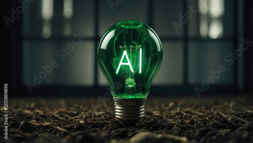 Green bulb in the center of word AI big logo and green environment

 photo