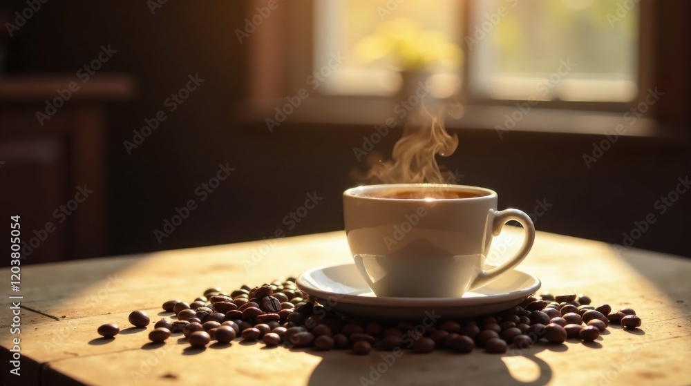 Aromatic Coffee Cup with Roasted Beans Basking in Warm Sunlight on Wooden Table Aromatic Coffee Cup with Roasted Beans Basking in Warm Sunlight on Wooden Table