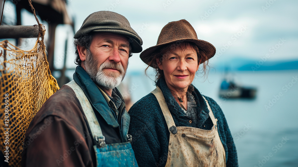 Fototapeta premium Mature fisherman couple working together