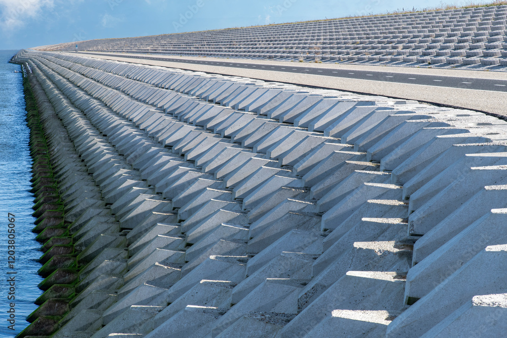 Fototapeta premium Curved dike body with concrete blocks near port of escape on former Breezand working island on Afsluitdijk (dam separates IJsselmeer lake from Wadden Sea), the Netherlands against a clear blue sky