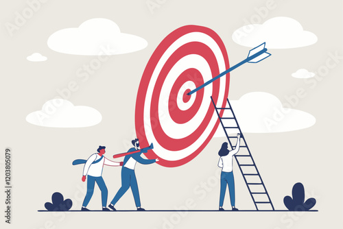 Business success, giant dartboard target, teamwork, achievement, leadership, blue collar workers, white collar executive, red and white bullseye, cloudy sky background, flat illustration style, mini