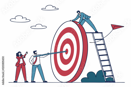 Business success, giant dartboard target, teamwork, achievement, leadership, blue collar workers, white collar executive, red and white bullseye, cloudy sky background, flat illustration style, mini