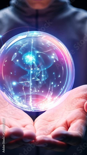 Hands cradle a glowing orb depicting a networked globe, ideal for themes of global connectivity, data networks, and futuristic technology in media designs.