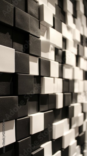 Unique arrangement of black and white tiles creating a modern wall design