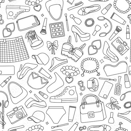 Barbiecore seamless pattern with outlined fashion accessories, makeup items, shoes, bags, and jewelry in a chic and playful black-and-white design