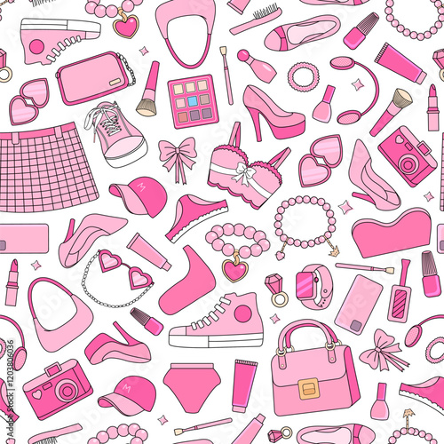 Barbiecore seamless pattern featuring pink trendy accessories, makeup items, shoes, bags, and jewelry, creating a vibrant and playful feminine aesthetic