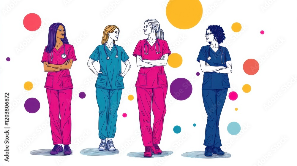 Fototapeta premium Four diverse healthcare professionals in scrubs stand confidently, showcasing teamwork and empowerment