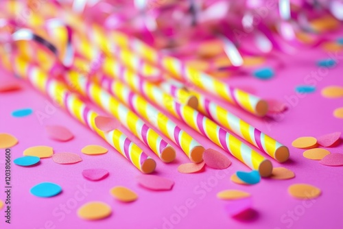 Bright striped straws arranged on a pink background with colorful confetti fo...