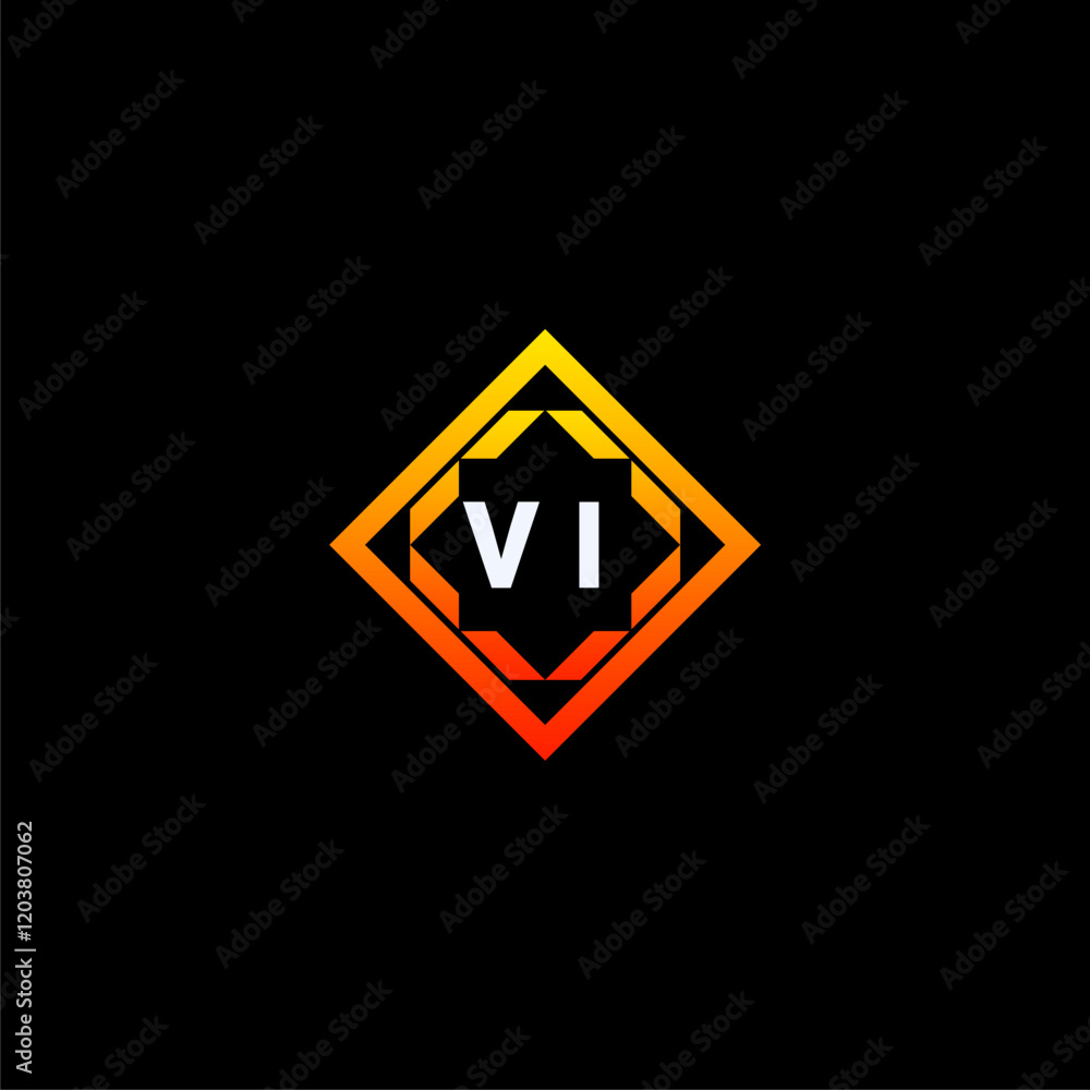 VI initials dynamic geometric logo design features a bold lettering sign in an orange and black color scheme, displayed against a dark background VI initials dynamic geometric logo design features a bold lettering sign in an orange and black color scheme, displayed against a dark background