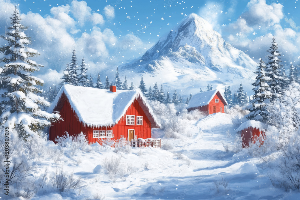 Naklejka premium A cozy rural house with a snow-covered roof and chalets in the background, surrounded by a blanket of deep snow.