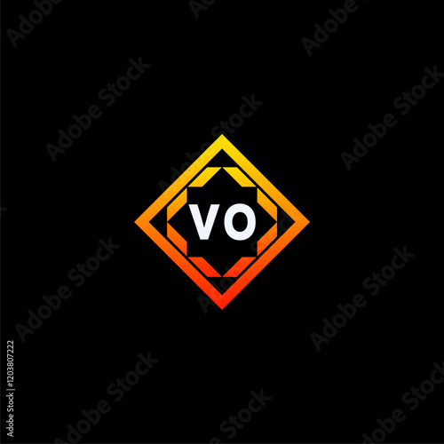 VO initials dynamic geometric logo design features a bold lettering sign in an orange and black color scheme, displayed against a dark background