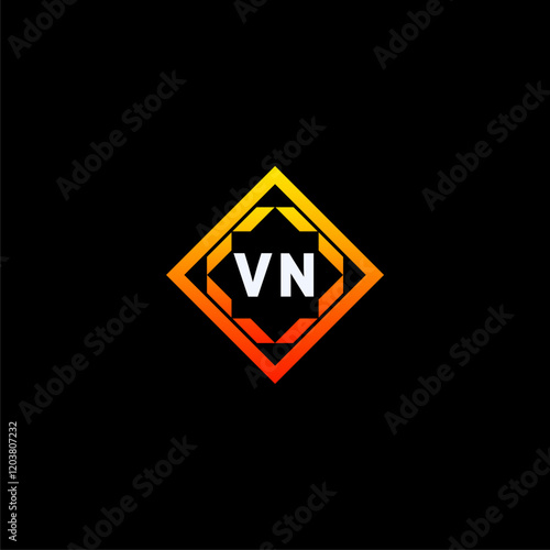 VN initials dynamic geometric logo design features a bold lettering sign in an orange and black color scheme, displayed against a dark background