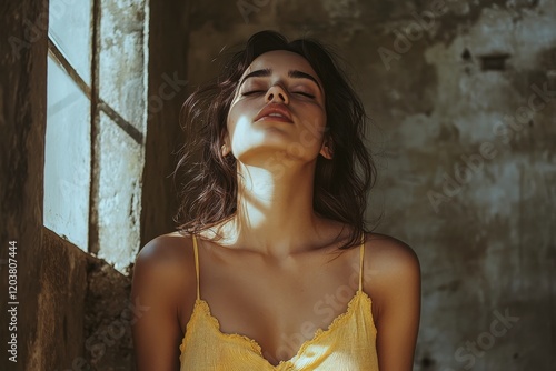 Woman in yellow dress enjoying sunlight in abandoned building during afternoon