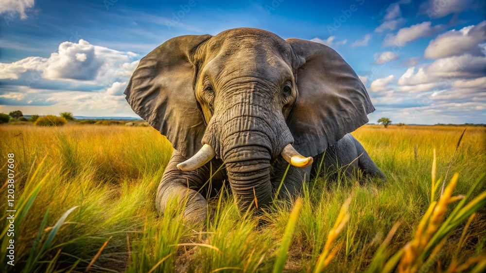 Fototapeta premium Majestic Botswana Elephant Resting in Grassland Macro Photography