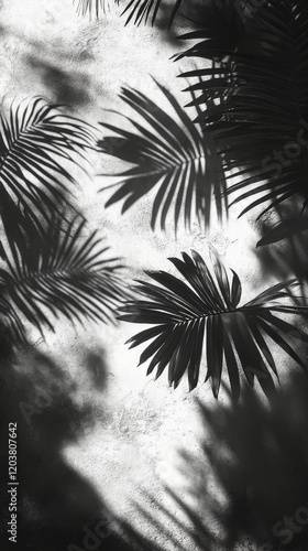 Tropical palm fronds casting shadows on a textured wall in warm sunlight indoors