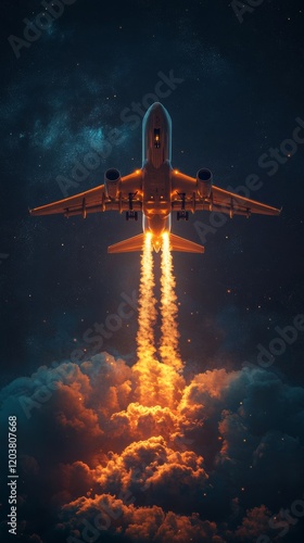 Aircraft ascending through clouds with fiery exhaust against a starry night sky
