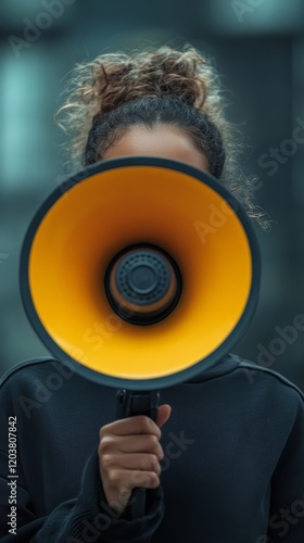 Activist during rally holding megaphone in a busy urban park with trees in th...
