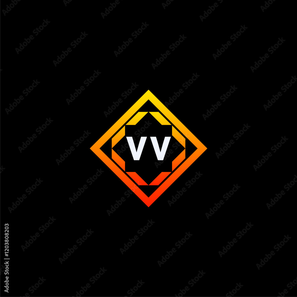 VV initials dynamic geometric logo design features a bold lettering sign in an orange and black color scheme, displayed against a dark background VV initials dynamic geometric logo design features a bold lettering sign in an orange and black color scheme, displayed against a dark background