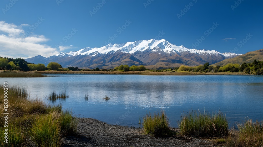 A serene mountain background with snow-capped peaks and a tranquil alpine lake in the foreground. A serene mountain background with snow-capped peaks and a tranquil alpine lake in the foreground.