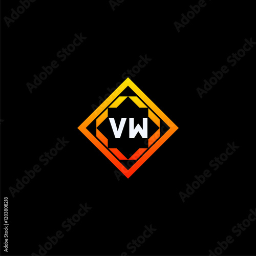 VW initials dynamic geometric logo design features a bold lettering sign in an orange and black color scheme, displayed against a dark background