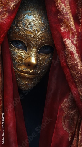Elegant golden mask adorned with intricate patterns hidden behind flowing fabric