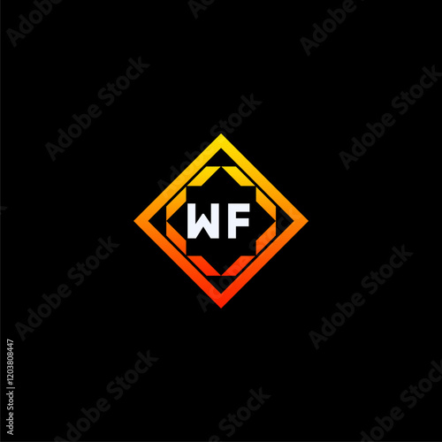 Free Download WF initials dynamic geometric logo design features a bold lettering sign in an orange and black color scheme, displayed against a dark background - GFXLoad