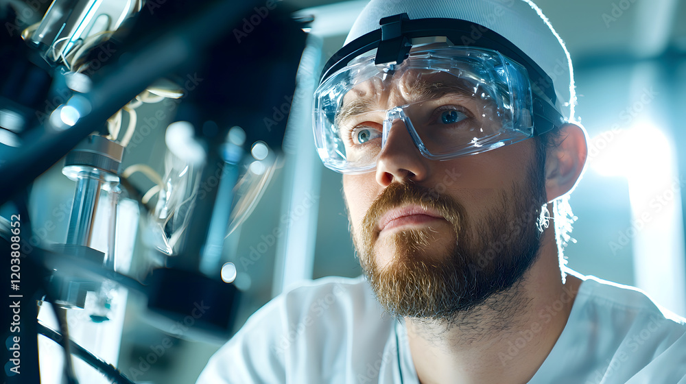 focused technician wearing protective gear examines equipment closely, showcasing dedication and precision in laboratory setting focused technician wearing protective gear examines equipment closely, showcasing dedication and precision in laboratory setting