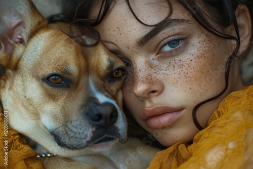 Girl cuddles with dog, sharing a warm moment outdoors during sunny day