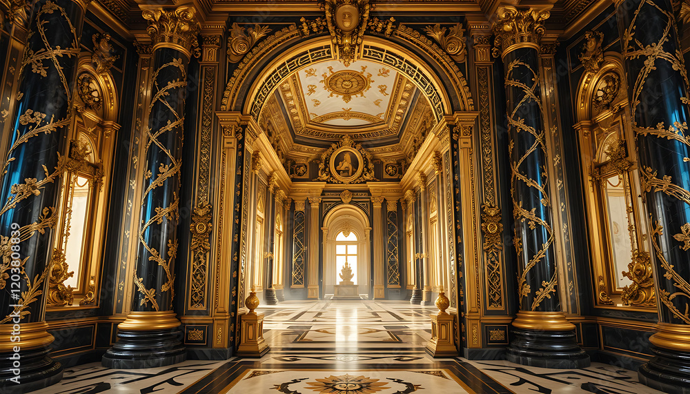 Fototapeta premium Grand Palace Hall Gold Decor Blue Accents Marble Floor Sunlit