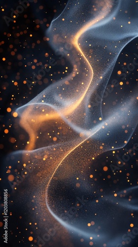 Flowing waves of light and particles create an abstract visual display in dar...