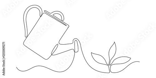 Watering can waters the plant. Continuous line drawing.
