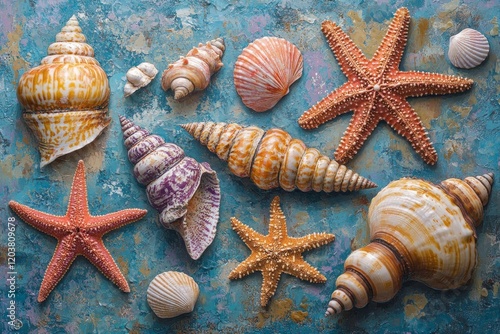 Colorful collection of seashells and starfish arranged on a textured blue bac...