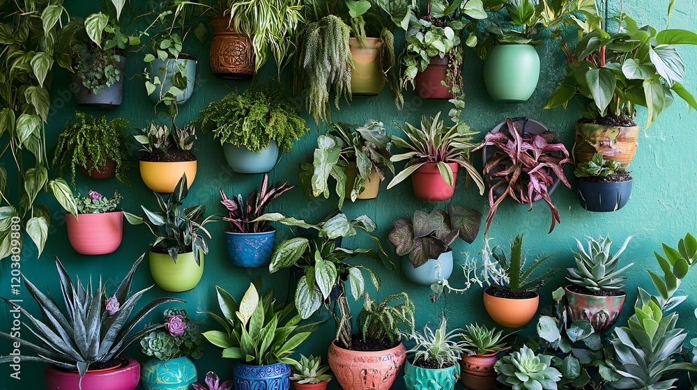 Fototapeta premium Vibrant Green Wall Decorated With Colorful Potted Plants