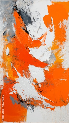 Vibrant abstract artwork featuring bold orange and grey brushstrokes with con...