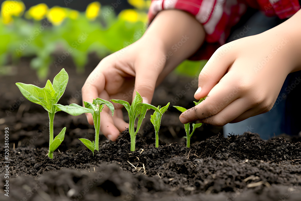 farmer actively tending to young plants in rich soil, showcasing growth and care. hands gently nurture seedlings, reflecting dedication to agriculture farmer actively tending to young plants in rich soil, showcasing growth and care. hands gently nurture seedlings, reflecting dedication to agriculture