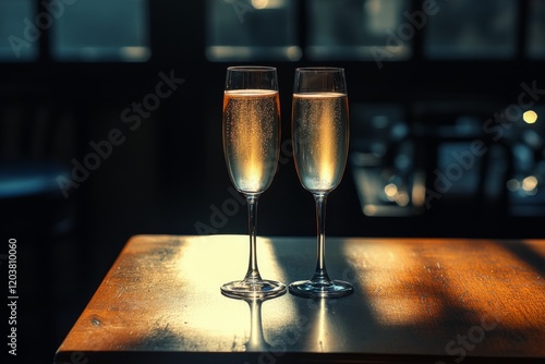 Elegant champagne glasses on a table with soft candlelight in a cozy setting ...