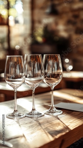 Sparkling wine glasses reflecting warm light in a rustic setting at a cozy re...