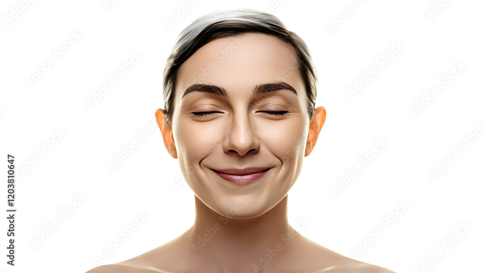 Woman with Eyes Closed Smiling: Serene Portrait of a Young Female with Clean Skin and Natural Beauty on White Background Woman with Eyes Closed Smiling: Serene Portrait of a Young Female with Clean Skin and Natural Beauty on White Background