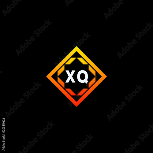 XQ initials dynamic geometric logo design features a bold lettering sign in an orange and black color scheme, displayed against a dark background