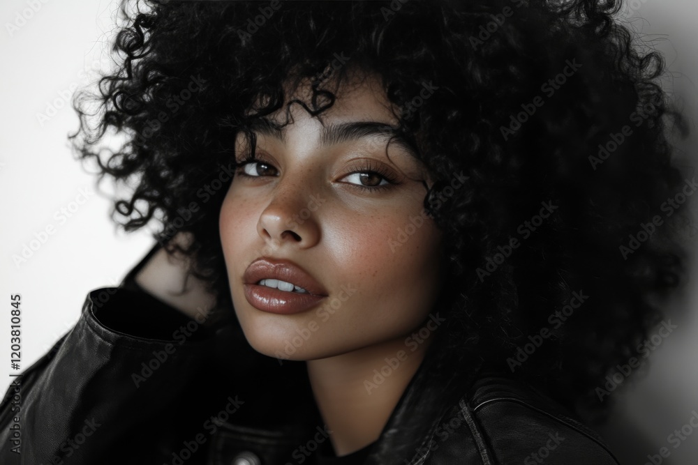 Young woman with curly hair and freckles smiles confidently at the camera indoors during daylight Young woman with curly hair and freckles smiles confidently at the camera indoors during daylight