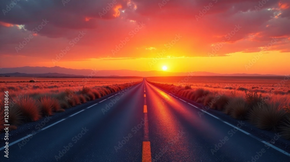 Naklejka premium Sunset Highway A Journey Towards the Radiant Horizon, Where the Asphalt Ribbon Unfurls Under a Fiery Sky