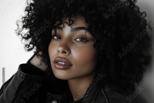 Young woman with curly hair and freckles smiles confidently at the camera ind...