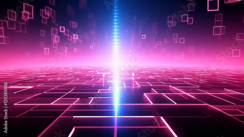 Abstract futuristic, animated background with pink neon lights. IT, cyberspace, computer data transfer. Perfect for technology and cyber concepts. Virtual reality, artificial intelligence.