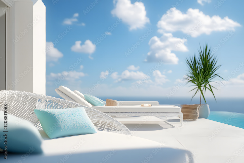Fototapeta premium A luxurious outdoor lounge area featuring stylish white furniture, turquoise accents, and a panoramic ocean view under a bright blue sky with fluffy clouds.