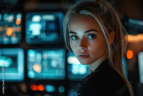 Young woman monitors digital data in high-tech control room during evening hours