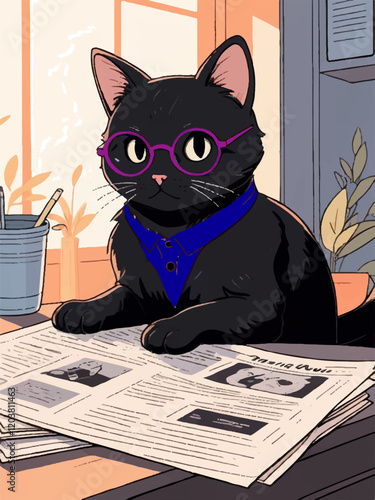 black cat with glasses reading newspaper